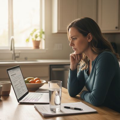 Homeowner researching water filter alternatives on a laptop in a kitchen