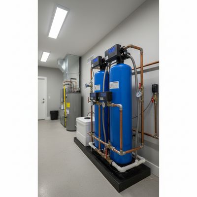 Whole house water filtration system installed in a garage utility room
